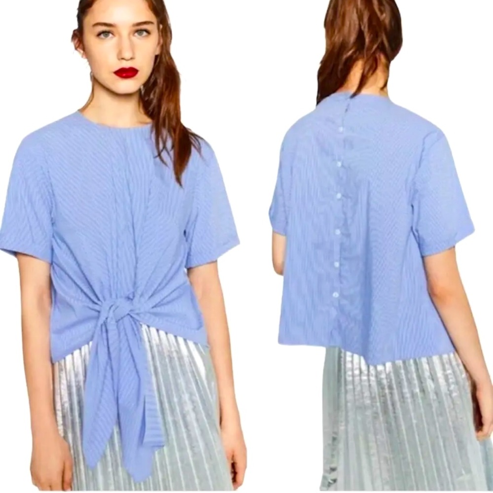 Zara Womens Blue/ White Tie Knot Striped Short Sleeve Button Down blouse EUC